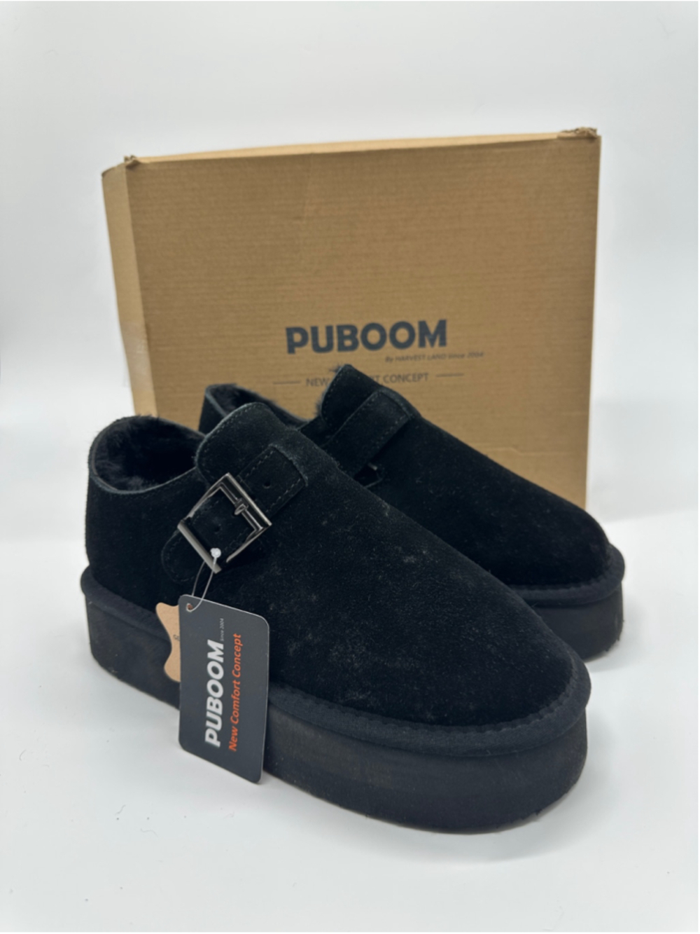 PUBOOM Women's Suede Platform Clogs Black Buckle Slip On US 7.5 EU 38 Leather
